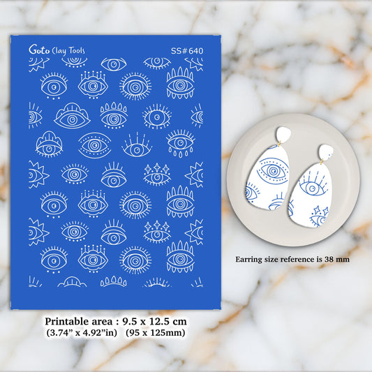 Evil Eye Silkscreen for Polymer Clay Earrings: Clay Stencil (9.5x12.5cm) SS#640