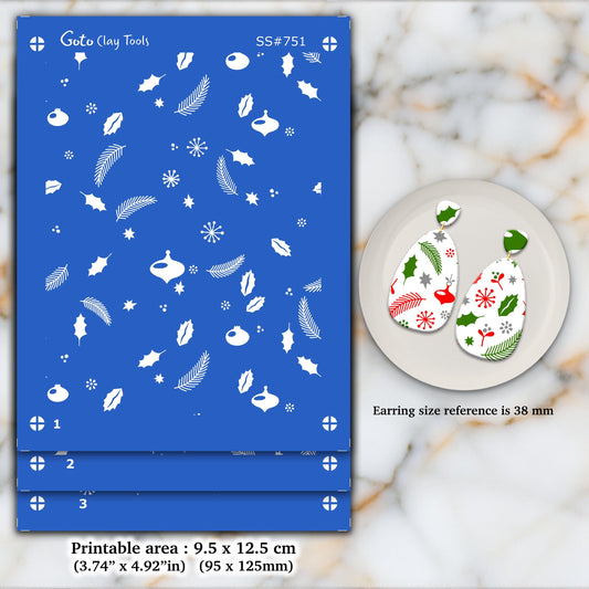 Christmas Silkscreen for Polymer Clay Earrings: 3-Layer Stencil (3.74x4.92" Printable Area) SS#751