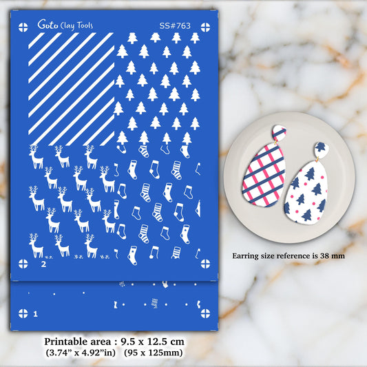 2 Layer Christmas Silkscreen for Polymer Clay Earring making, Clay Stencils, Clay Earring Silkscreen, Polymer Clay Supplies SS#763