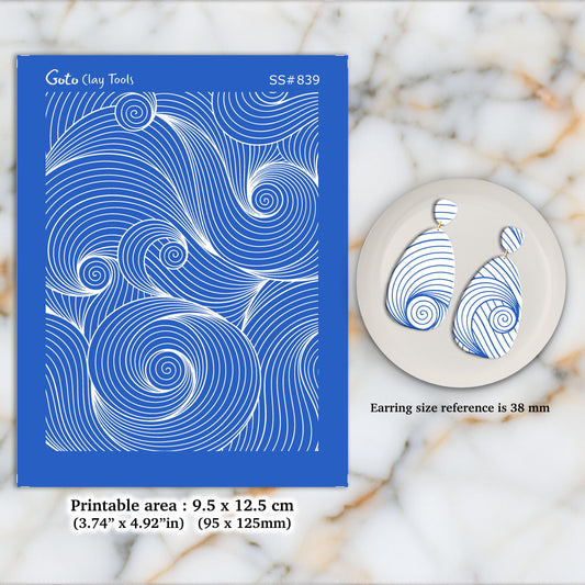 Waves Silkscreen for Polymer Clay Earrings: Contour Stencil (9.5x12.5cm) SS#839