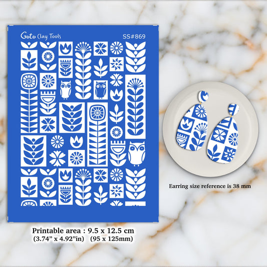 Folk Art Silkscreen for Polymer Clay Earrings: Stencil SS#869