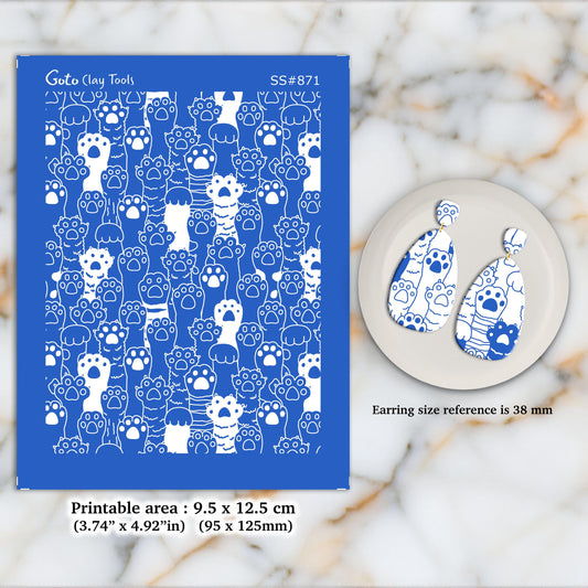 Cat Paws Silkscreen for Polymer Clay Earrings: 9.5x12.5cm SS#871