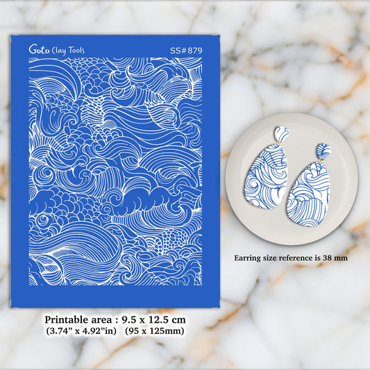 Waves Doodle Silkscreen for Polymer Clay: Earring Making, Pottery SS#879