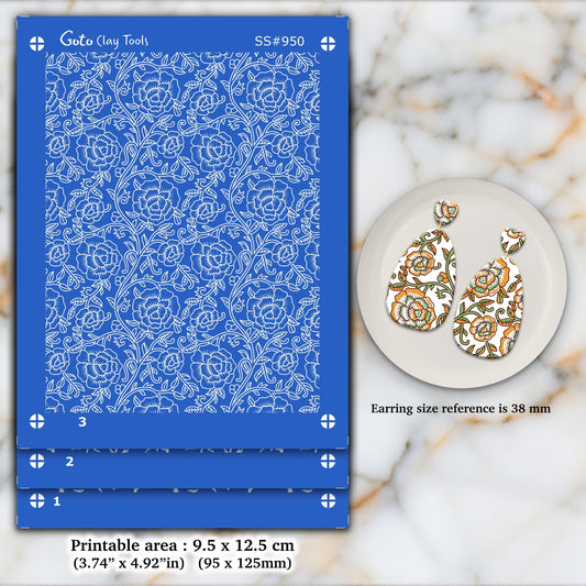 Indian Floral Silkscreen for Polymer Clay Earrings: Clay Stencil (9.5x12.5cm) SS#950