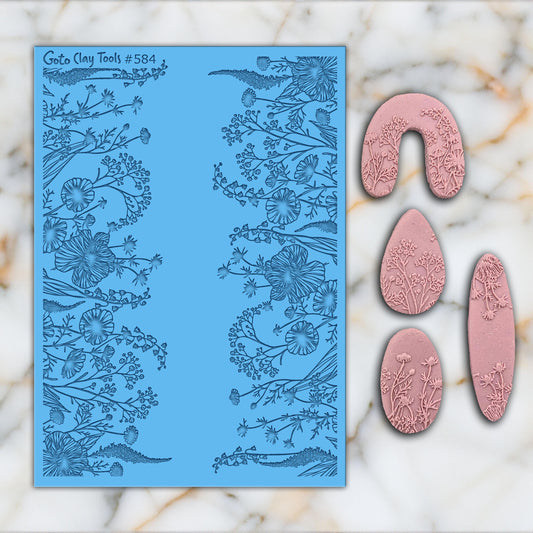 WILDFLOWERS Texture mat for polymer clay, Polymer Clay Rubber Texture mat, Texture Tile mats, Rubber Texture Sheet #584