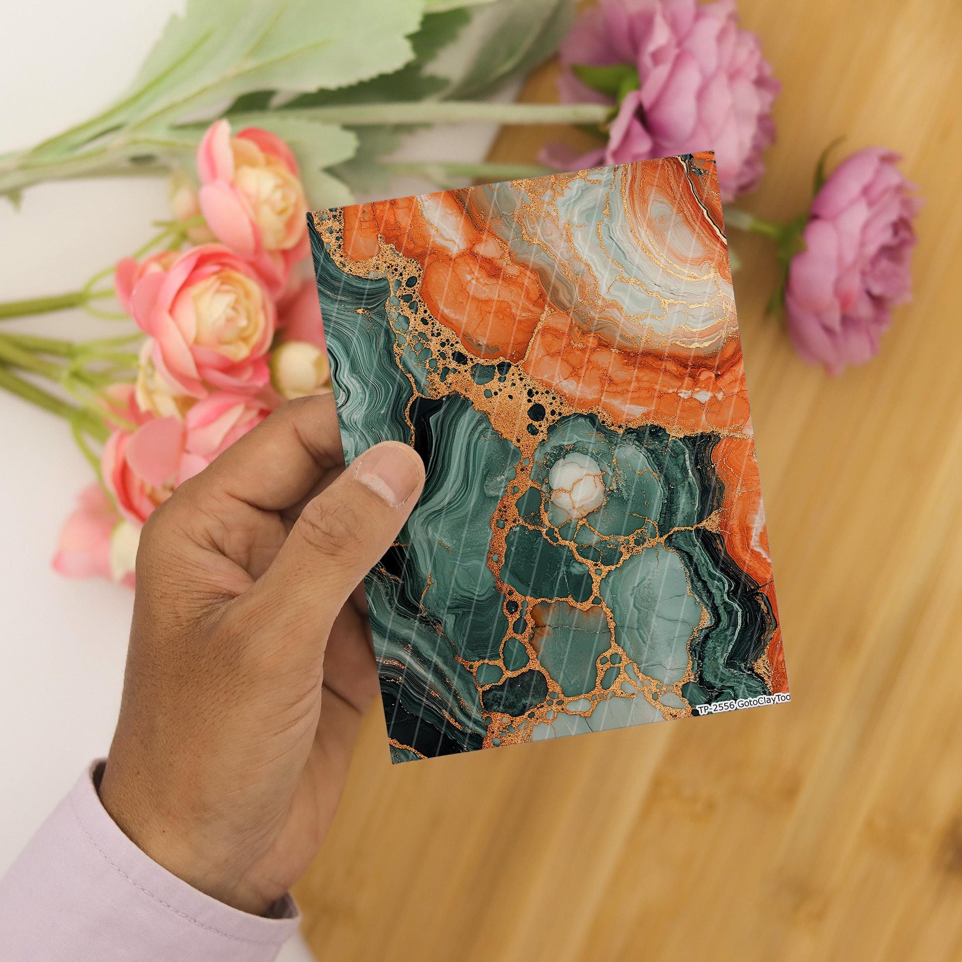 Transfer paper for polymer clay, Green and Orange Marbling, Clay water soluble transfer paper, Clay Transfers, Clay Transfer sheets