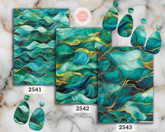 Transfer paper for polymer clay, Greeen and Gold Waves, Clay water soluble transfer paper, Clay Transfers, Clay Transfer sheets