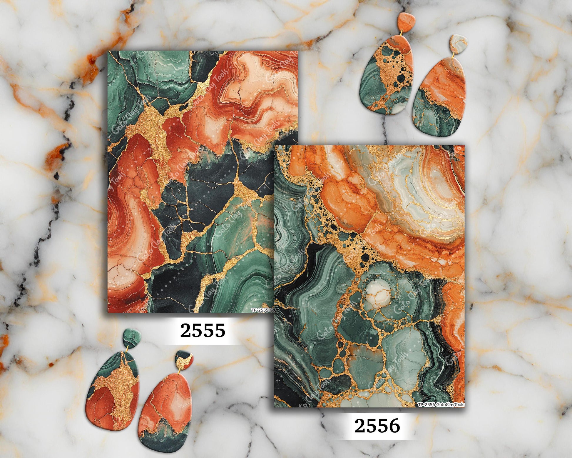 Transfer paper for polymer clay, Green and Orange Marbling, Clay water soluble transfer paper, Clay Transfers, Clay Transfer sheets