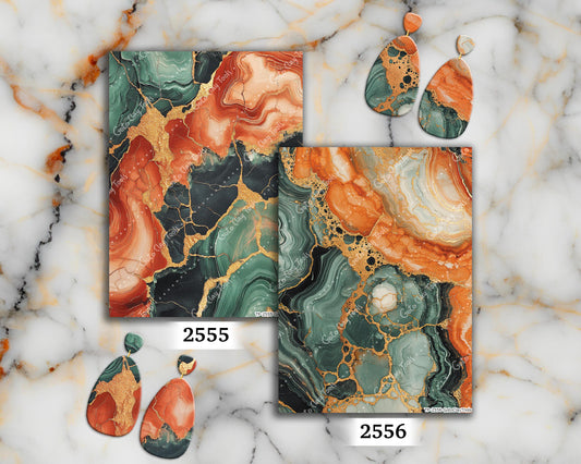 Transfer paper for polymer clay, Green and Orange Marbling, Clay water soluble transfer paper, Clay Transfers, Clay Transfer sheets