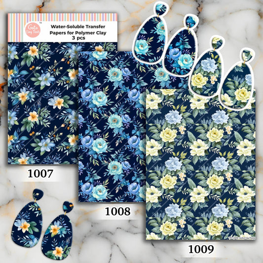 Blue Floral Polymer Clay Transfer Paper: Water Soluble