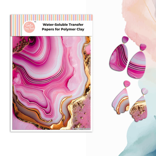 Pink Marble Polymer Clay Transfer Paper: Water Soluble, Gold Detail #795