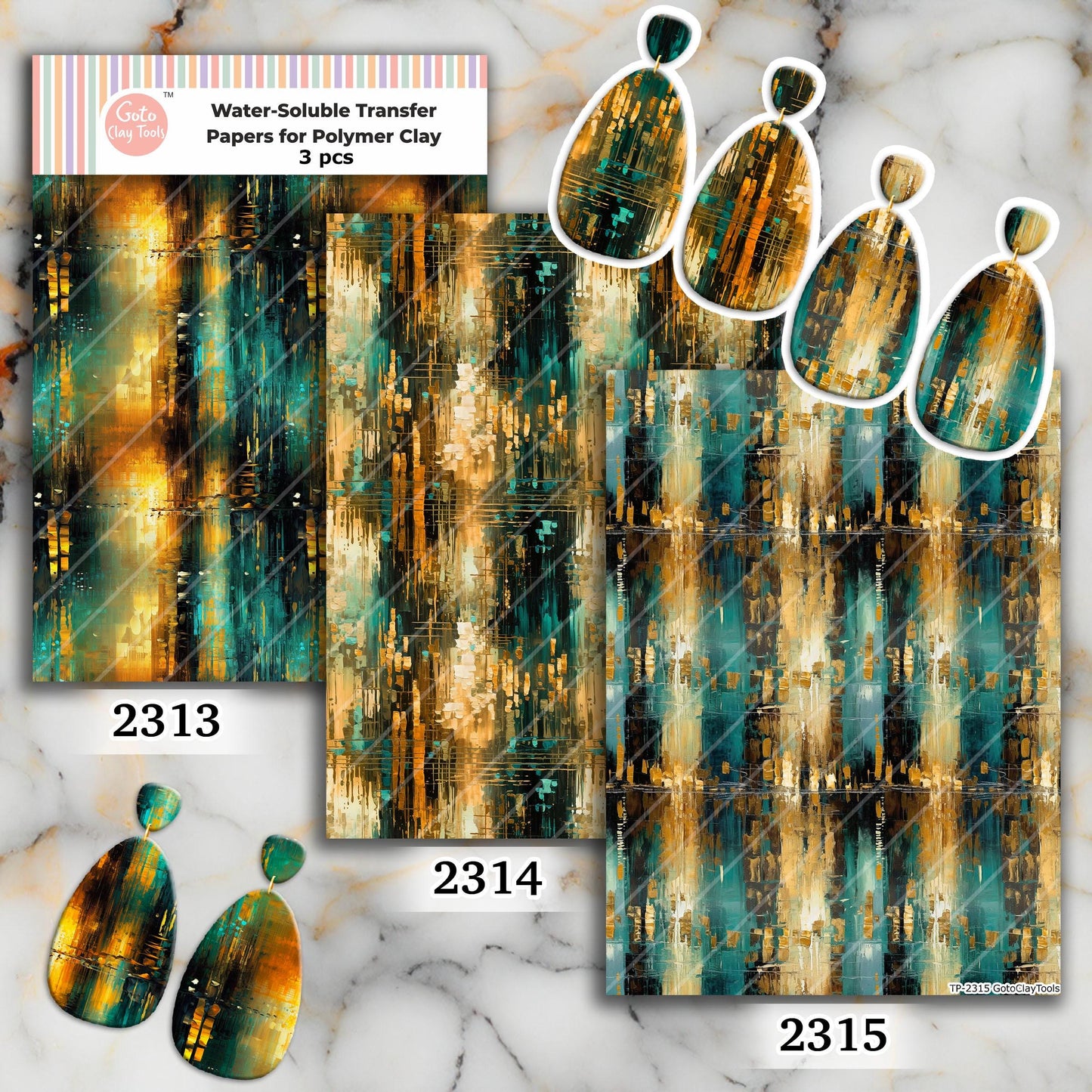 Water soluble Transfer paper for polymer clay, Teal and gold abstract pattern, polymer clay image transfers, magic transfer paper