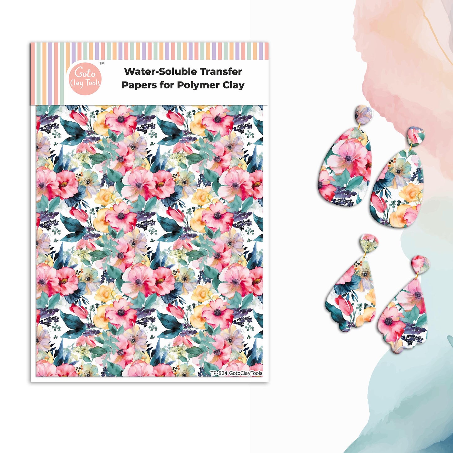 Watercolor Flower Transfer Paper for Polymer Clay: Water Soluble (4x5.5 inches) #824