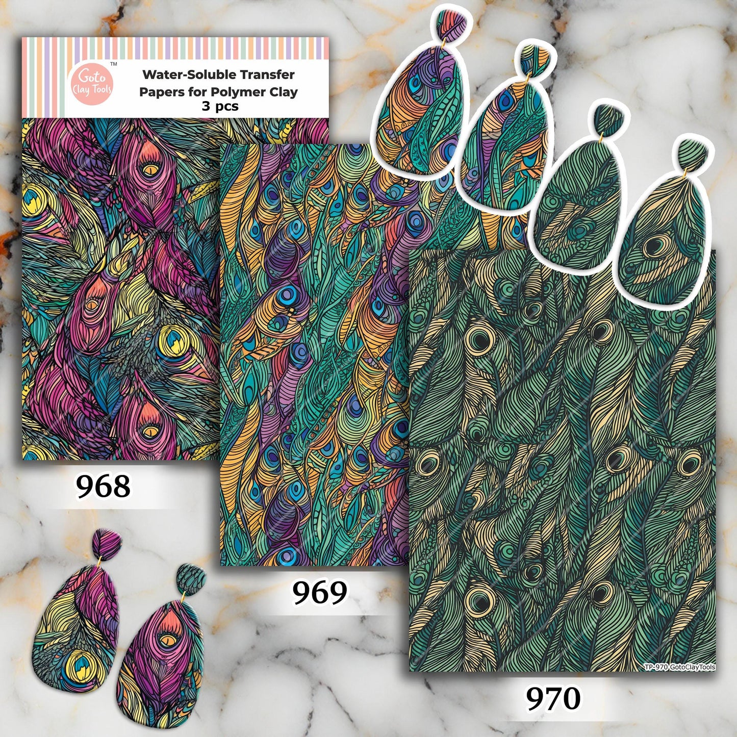 Water soluble Transfer paper for polymer clay, Peacock feather patterns, polymer clay image transfers, magic transfer paper