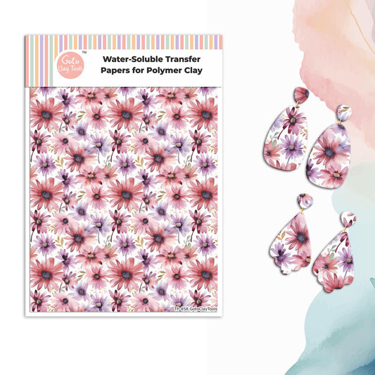 Watercolor Flower Transfer Paper for Polymer Clay: 4x5.5in Water Soluble Sheet  #858