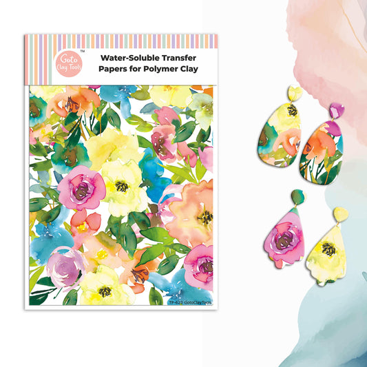 Watercolor Flowers Transfer Paper for Polymer Clay (4x5.5 inch) #620