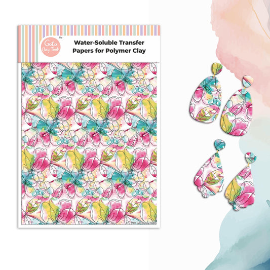 Watercolor Flower Transfer Paper for Polymer Clay (4x5.5 inches) #799