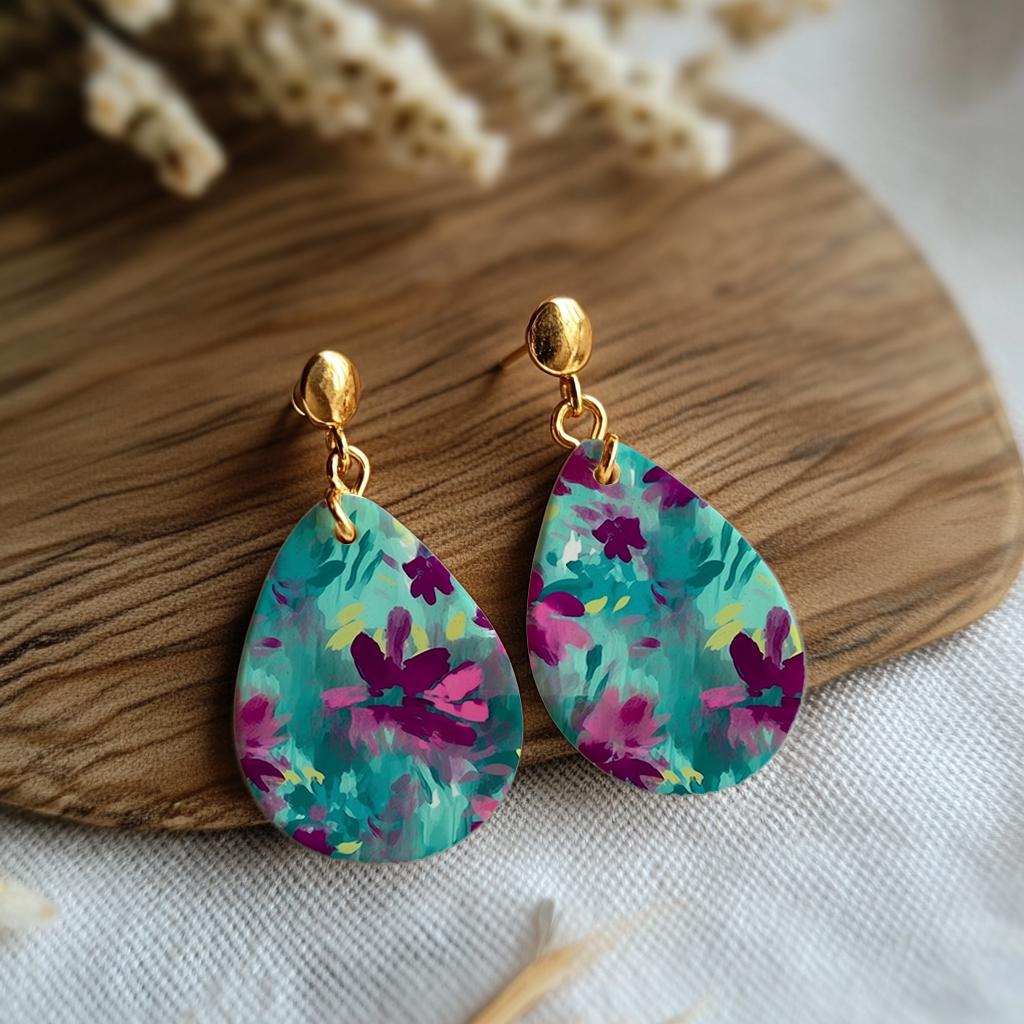 Water soluble Transfer paper for polymer clay, Teal and purple abstract floral pattern, polymer clay image transfers, magic transfer paper