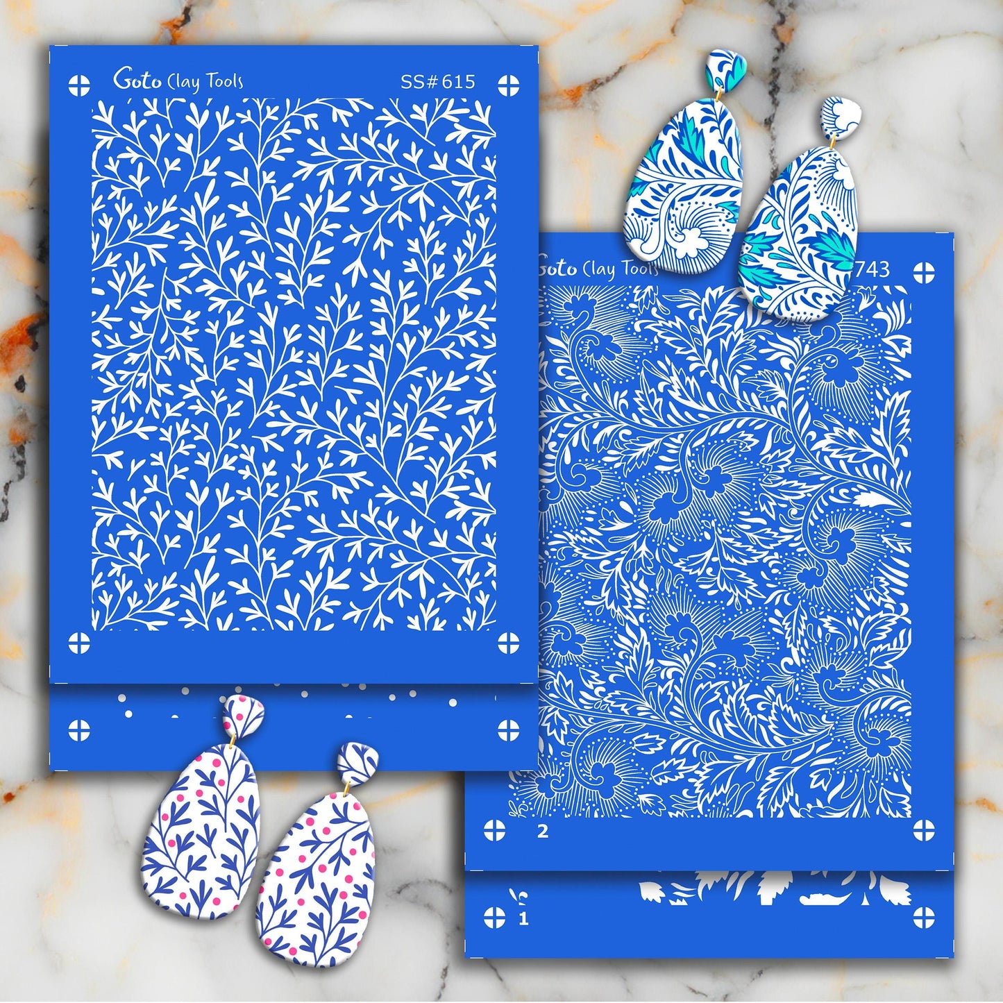 Chinoiserie Floral Silkscreen for Polymer Clay Earrings: 2-Layer Stencil SS#743