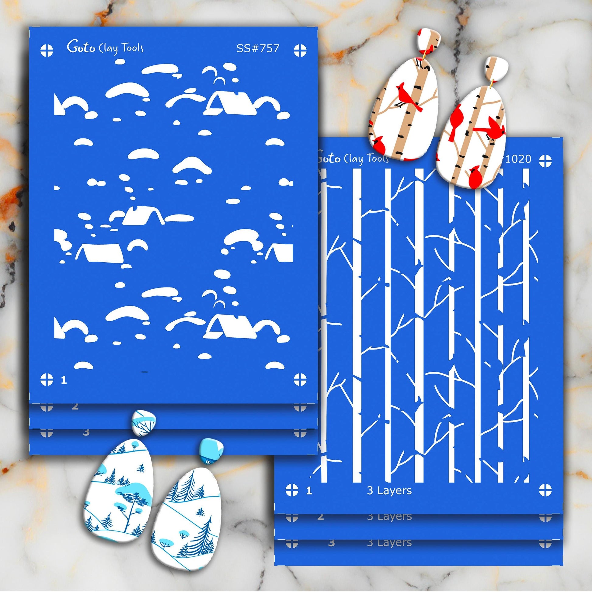 Christmas Snow Hill Silkscreen for Polymer Clay Earrings: 3-Layer Stencil SS#757