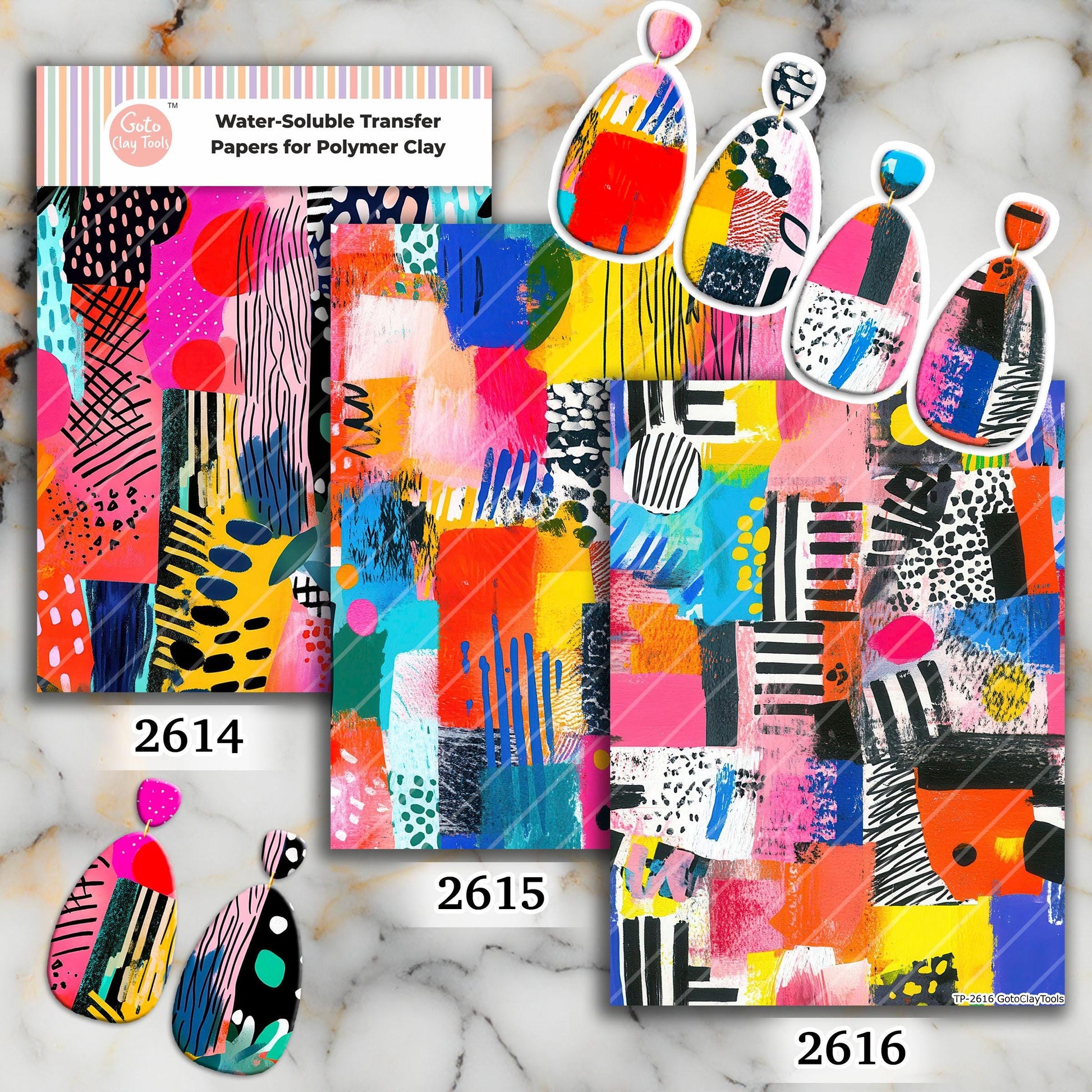 Colorful Collage Water soluble Transfer paper for polymer Clay Earring Making - 4x5.5 in