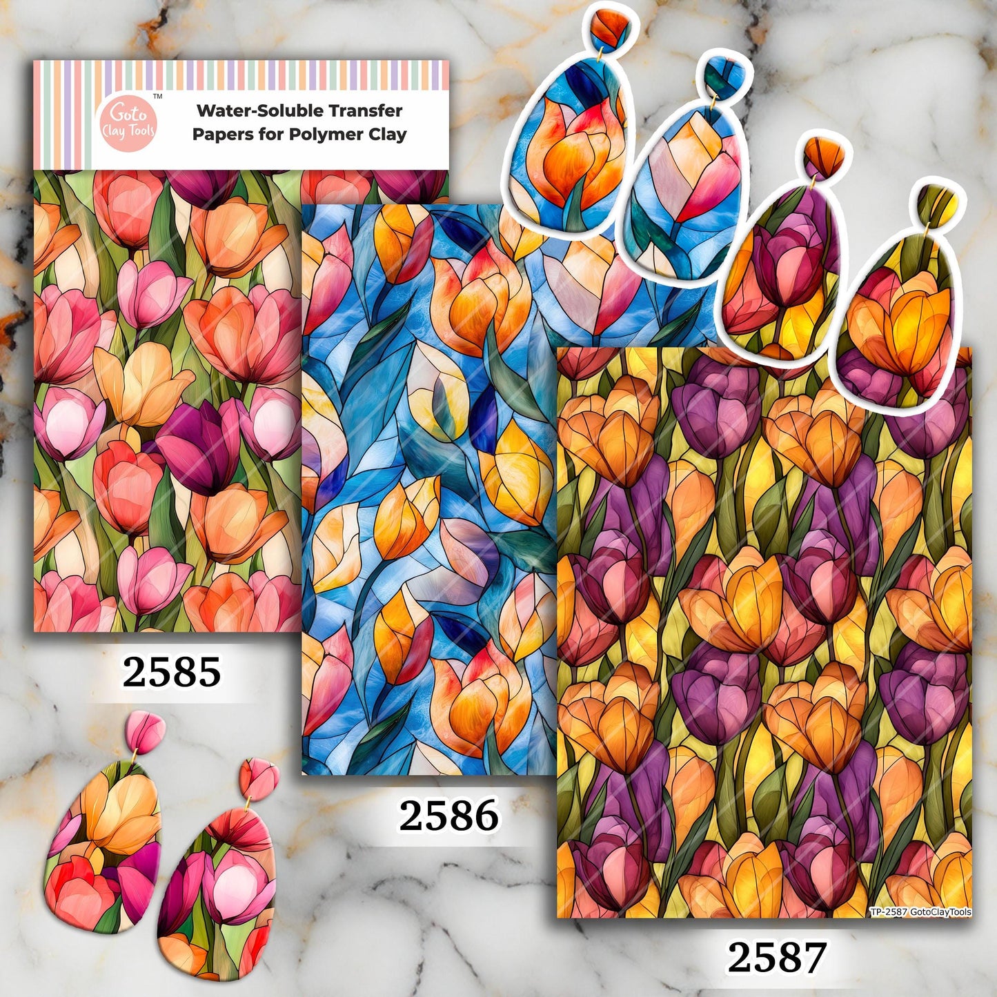 Stained Glass Tulips Transfer paper for polymer Clay Earring Making - Water Soluble Transfer Sheet 4x5.5 in