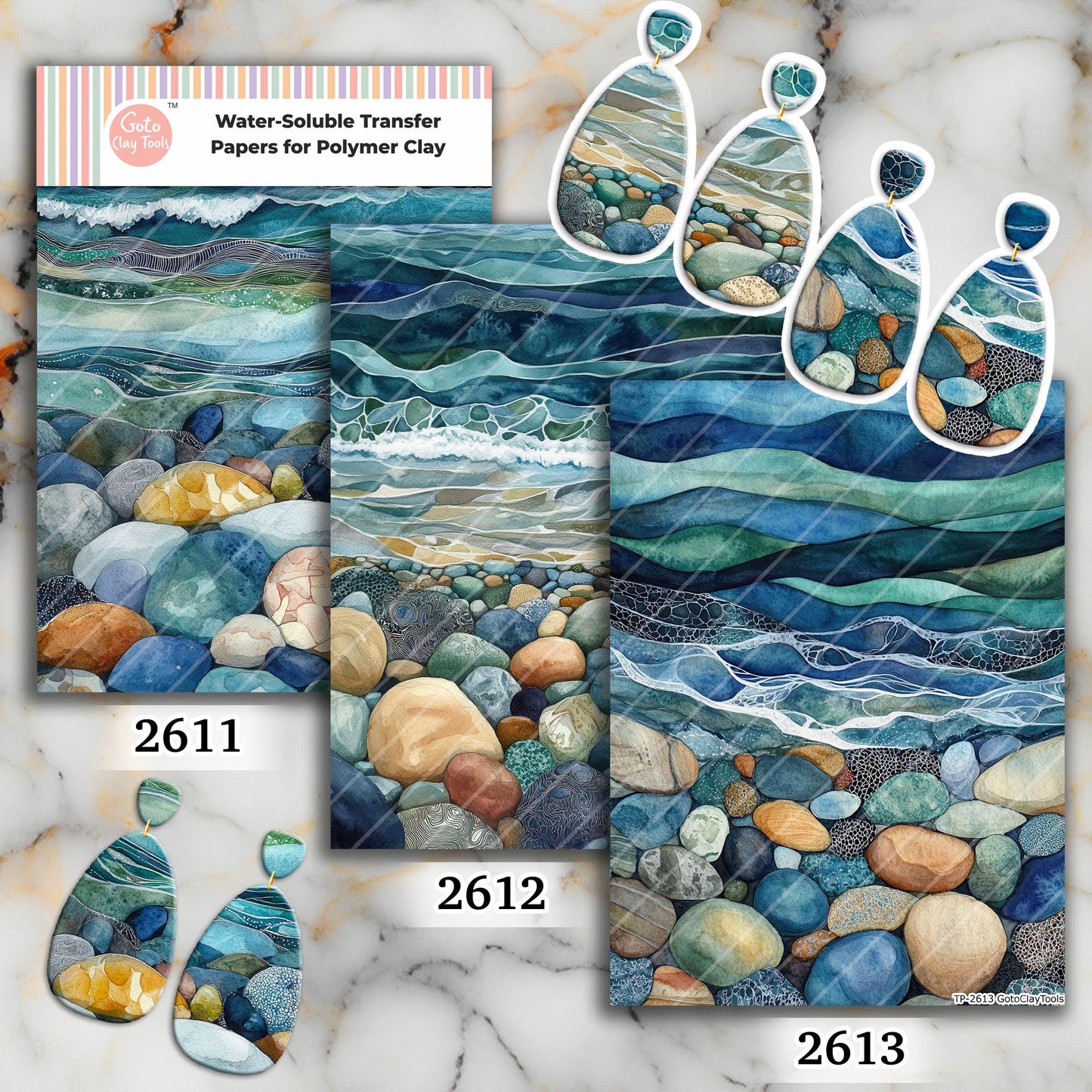 Ocean and rocks watercolor Transfer paper for polymer clay. Beautiful ocean waves in blue and green colors.