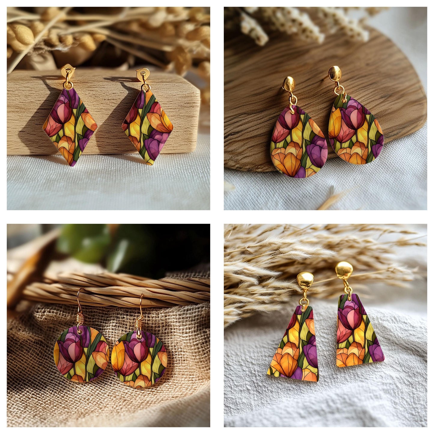 Stained Glass Tulips Transfer paper for polymer Clay Earring Making - Water Soluble Transfer Sheet 4x5.5 in