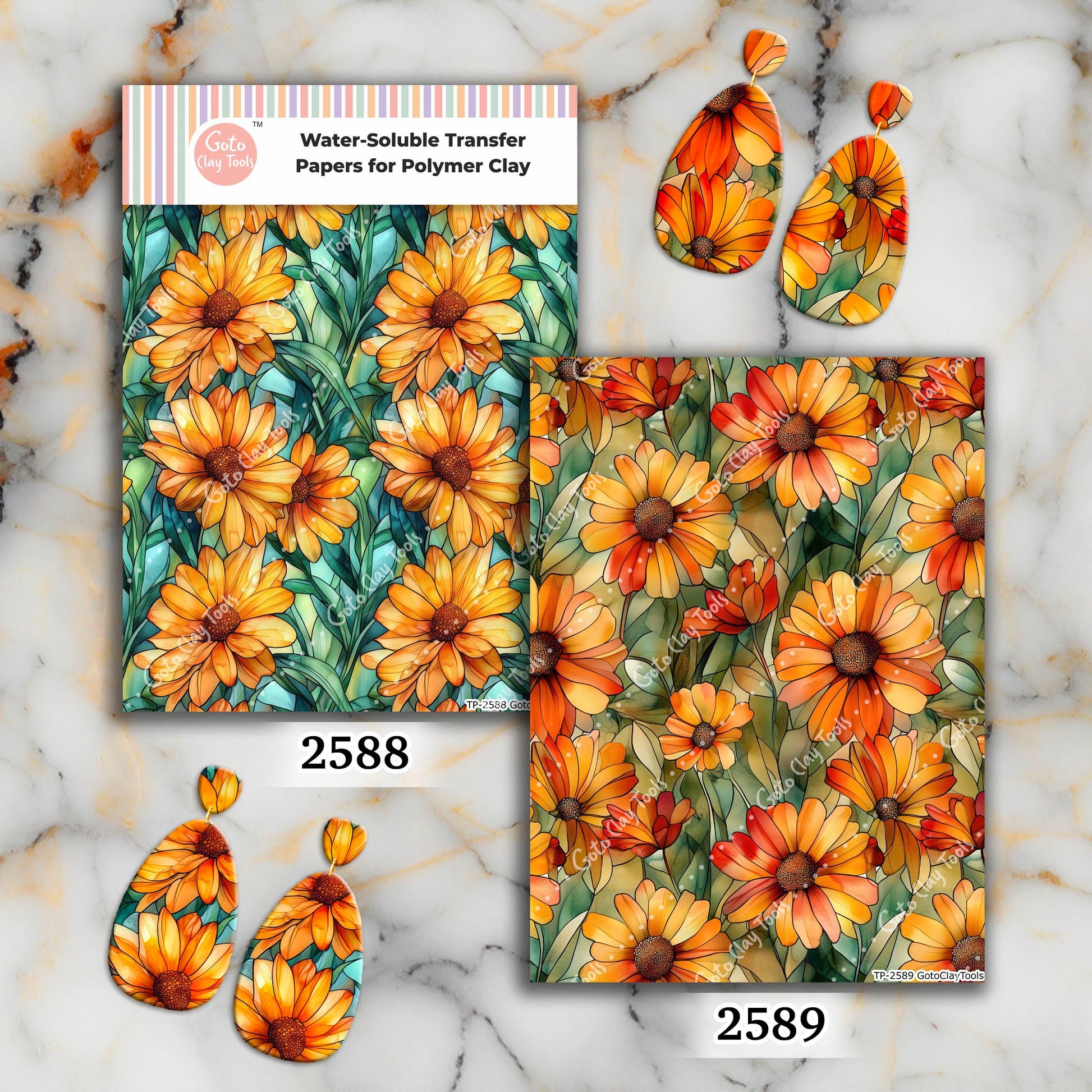 Sunflower Stained Glass Transfer paper for polymer Clay Earring Making - Water Soluble Transfer Sheet 4x5.5 in