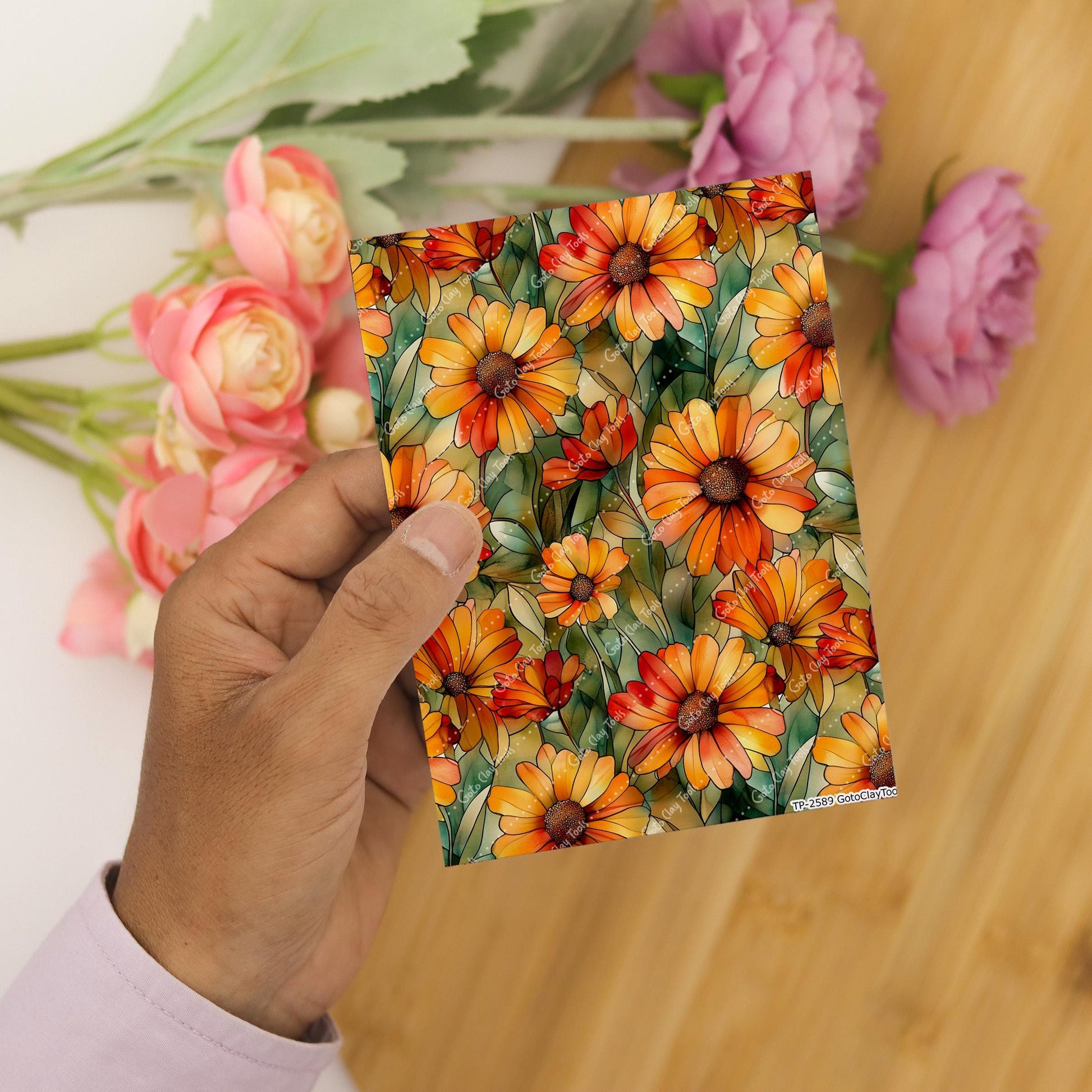 Sunflower Stained Glass Transfer paper for polymer Clay Earring Making - Water Soluble Transfer Sheet 4x5.5 in