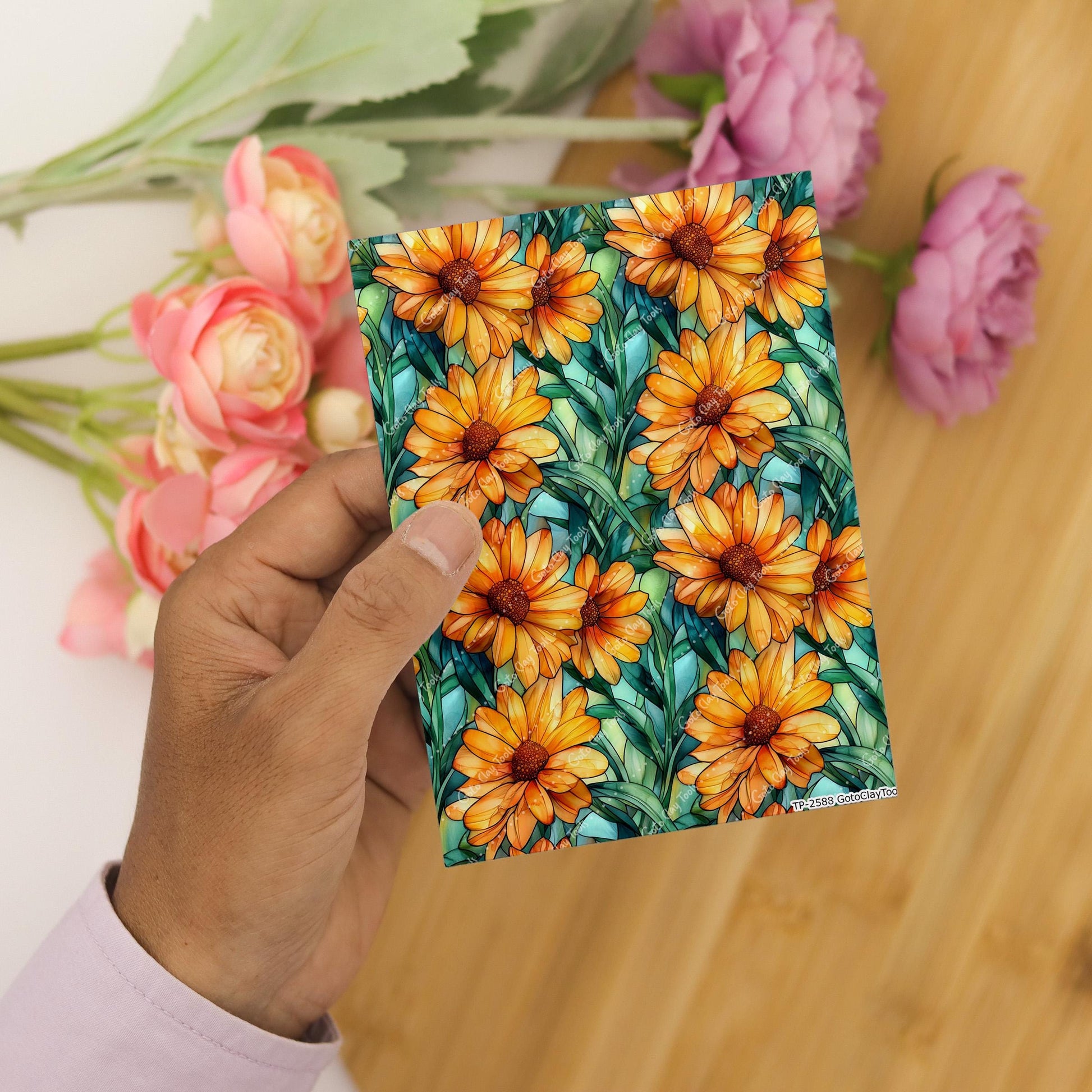 Sunflower Stained Glass Transfer paper for polymer Clay Earring Making - Water Soluble Transfer Sheet 4x5.5 in