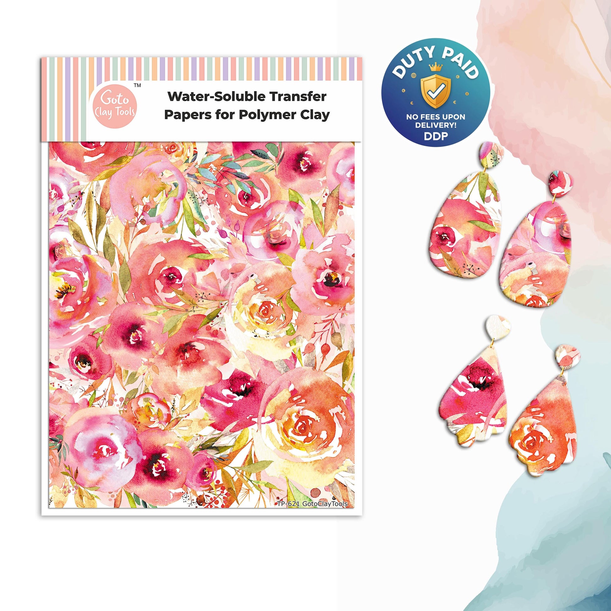 Watercolor Flowers Transfer Paper for Polymer Clay (4x5.5 inches) #621
