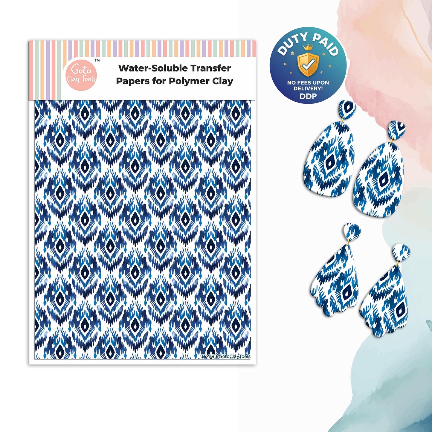 Blue Ikat Transfer Paper for Polymer Clay (4x5.5 inches) #793