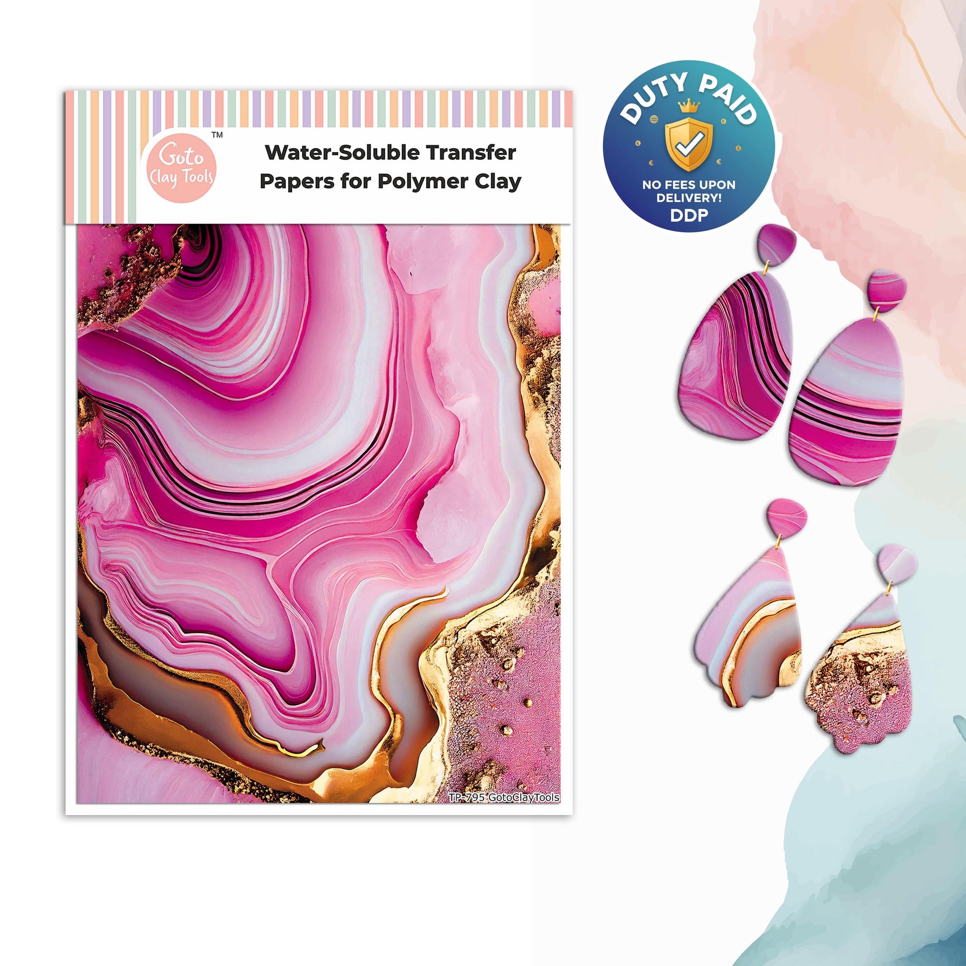 Pink Marble Polymer Clay Transfer Paper: Water Soluble, Gold Detail #795