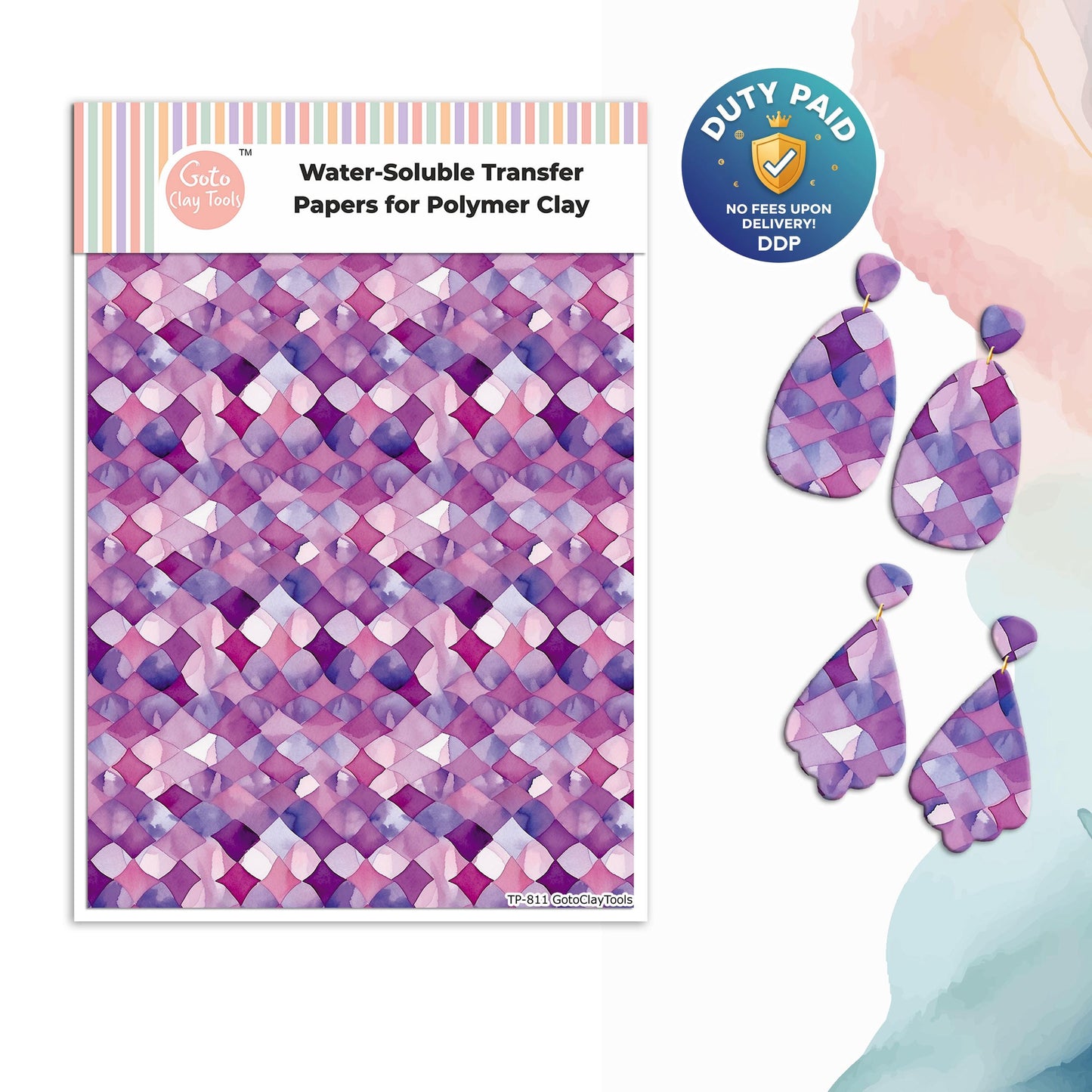 Transfer paper for polymer clay, purple tiles, water soluble transfer paper, polymer clay image transfers, magic transfer paper #811