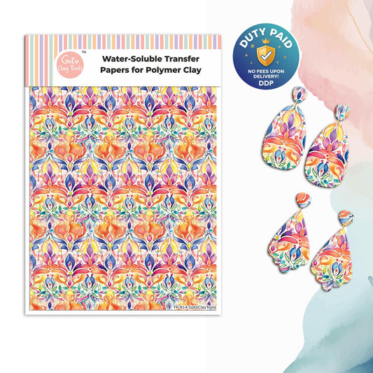 Transfer paper for polymer clay, colorful damask, water soluble transfer paper, polymer clay image transfers, magic transfer paper #814