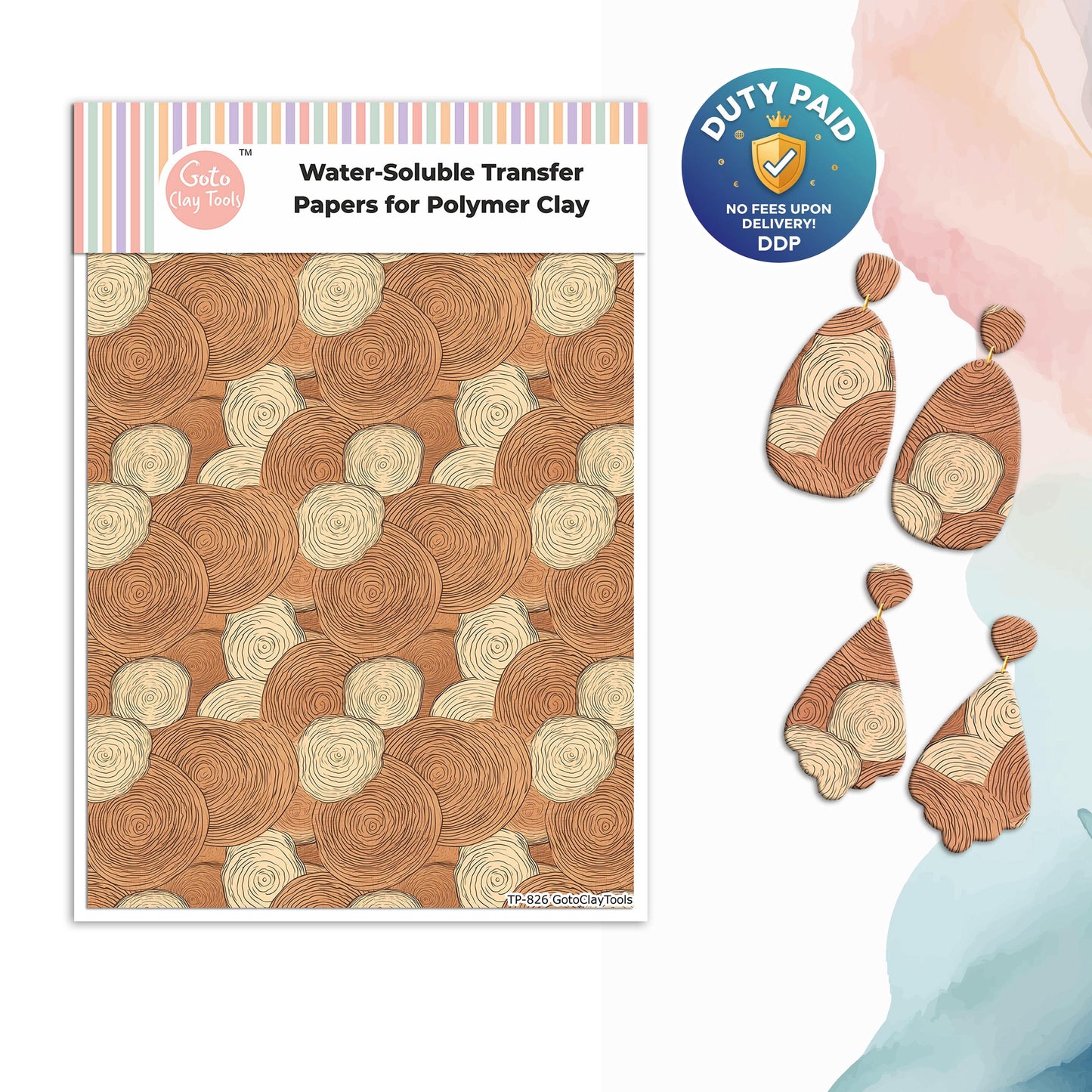 Transfer paper for polymer clay, Wood slice pattern, water soluble transfer paper, polymer clay image transfers, magic transfer paper #826