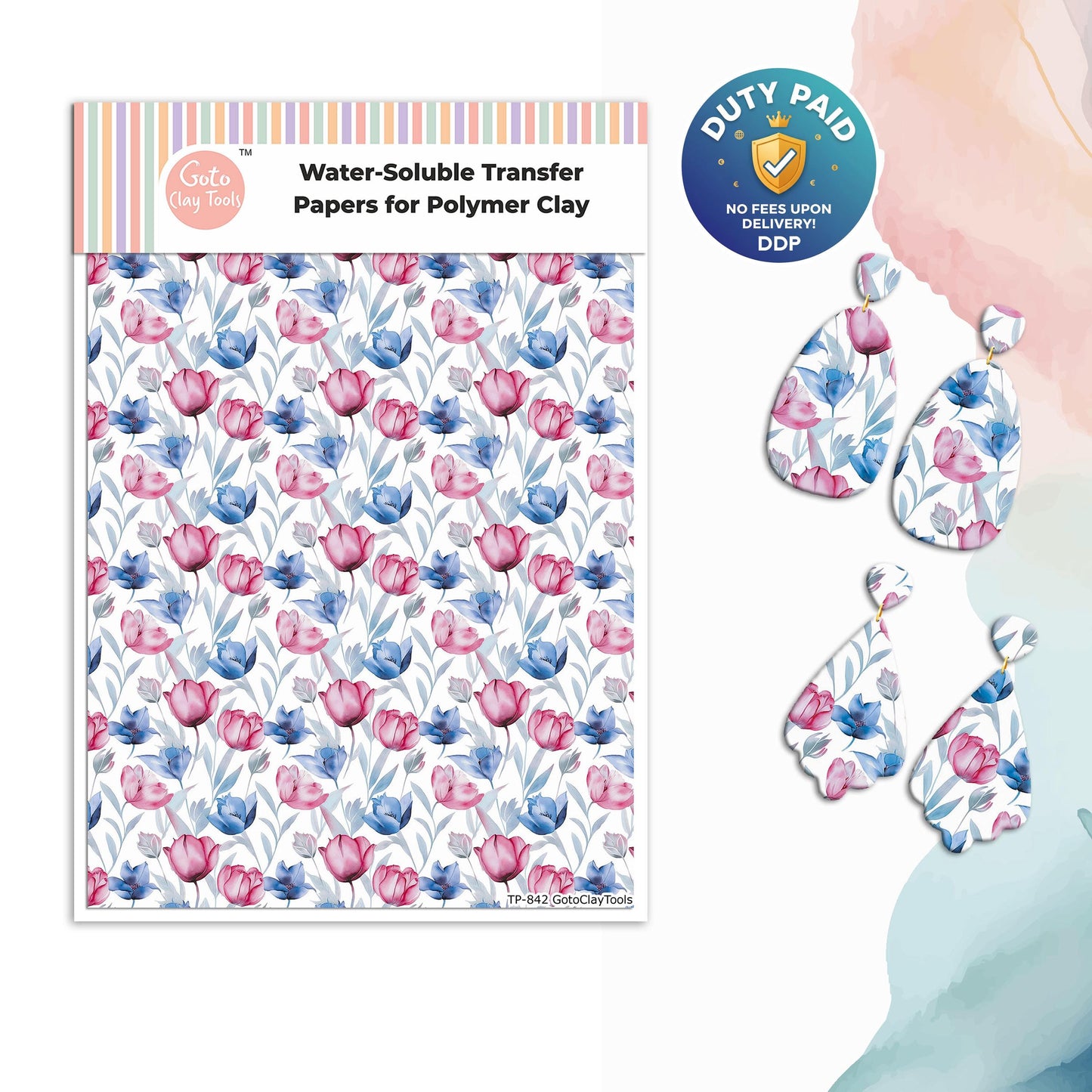 Watercolor Flower Transfer Paper for Polymer Clay (4x5.5 inch) #842