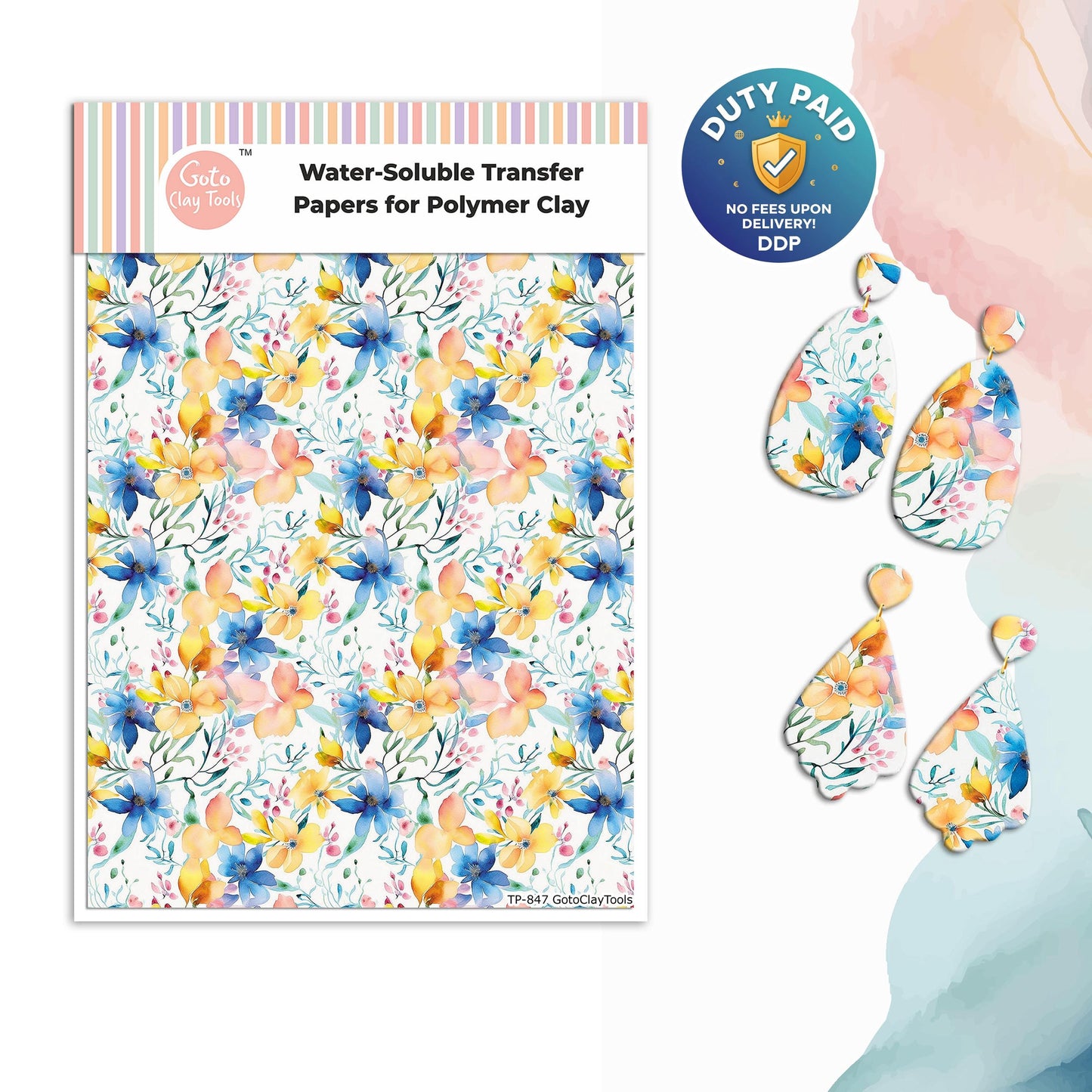 Watercolor Flowers Transfer Paper for Polymer Clay (4x5.5 inches) #847