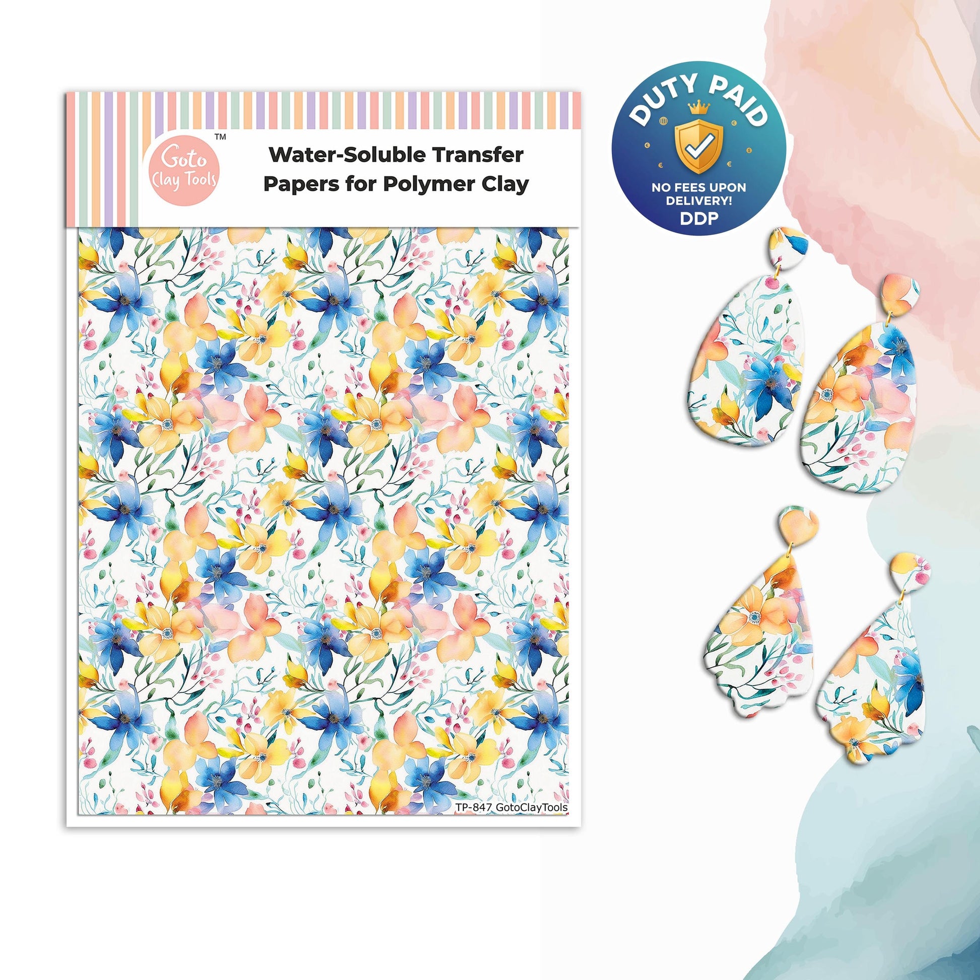 Watercolor Flowers Transfer Paper for Polymer Clay (4x5.5 inches) #847