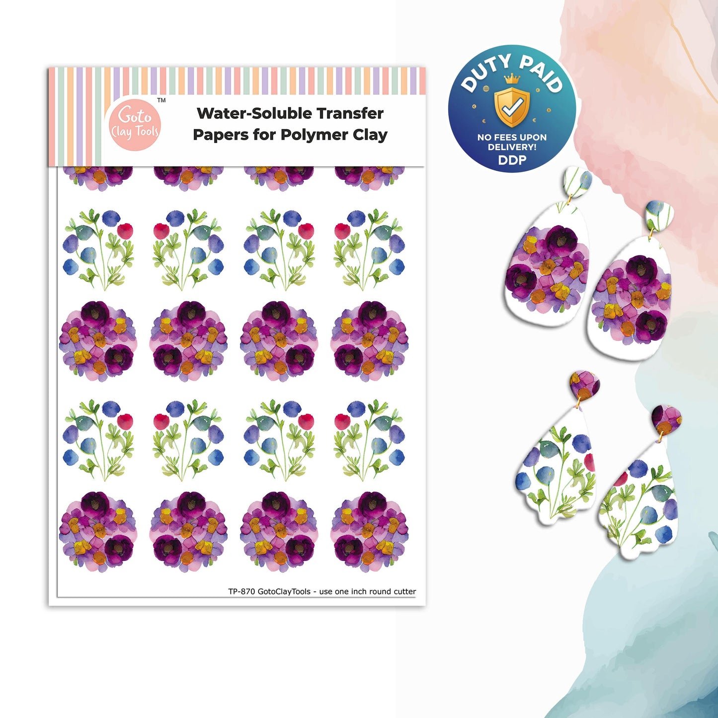 Watercolor Flowers Transfer Paper for Polymer Clay #870