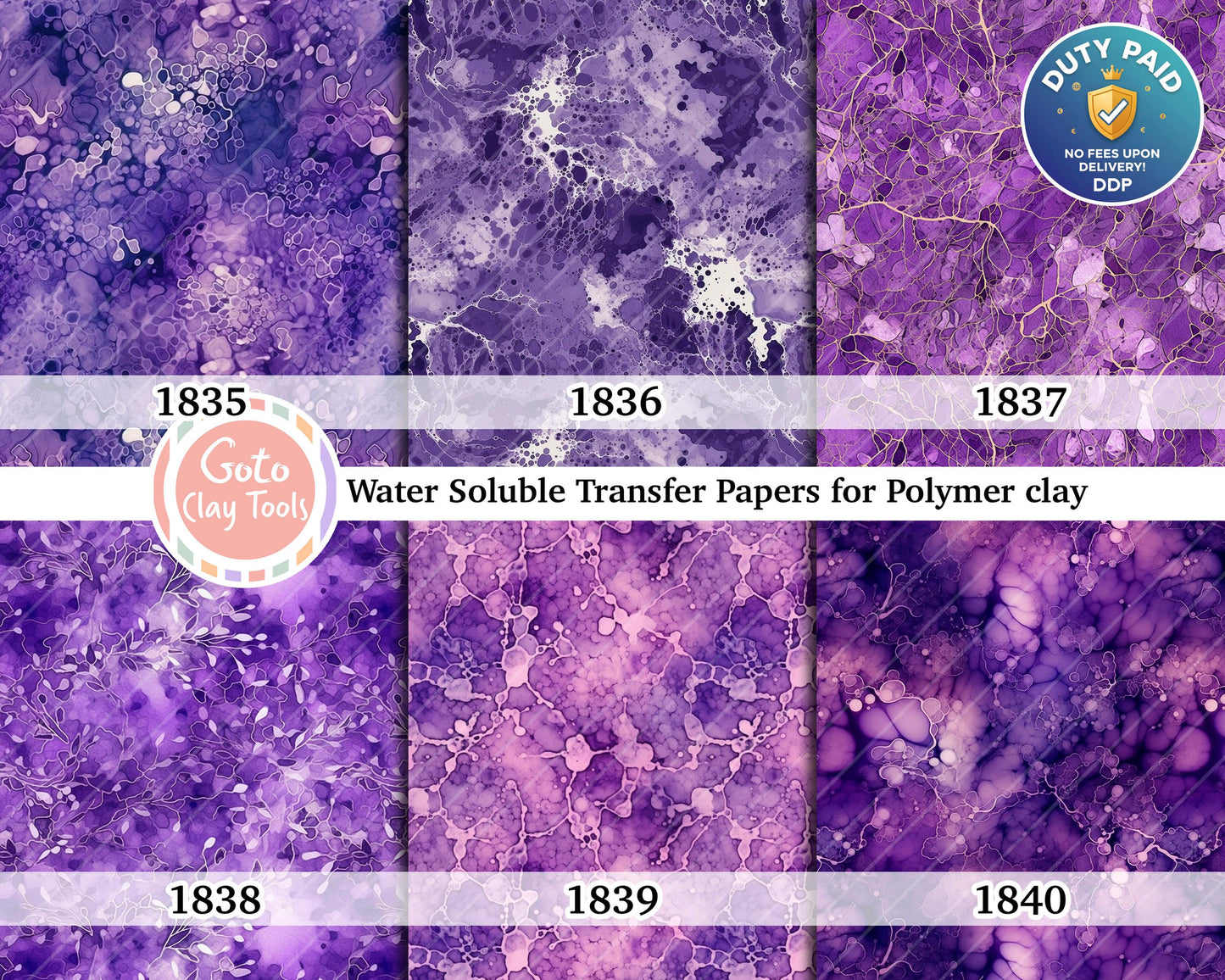 Purple Marble Gold Veins Water Soluble Transfer Paper for Polymer Clay (4x5.5 inches)
