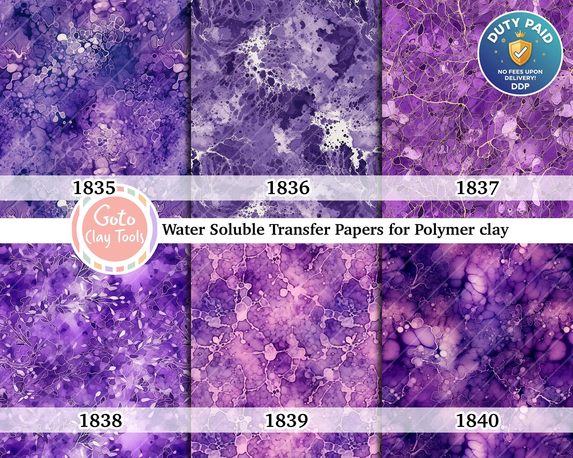 Purple Marble Gold Veins Water Soluble Transfer Paper for Polymer Clay (4x5.5 inches)