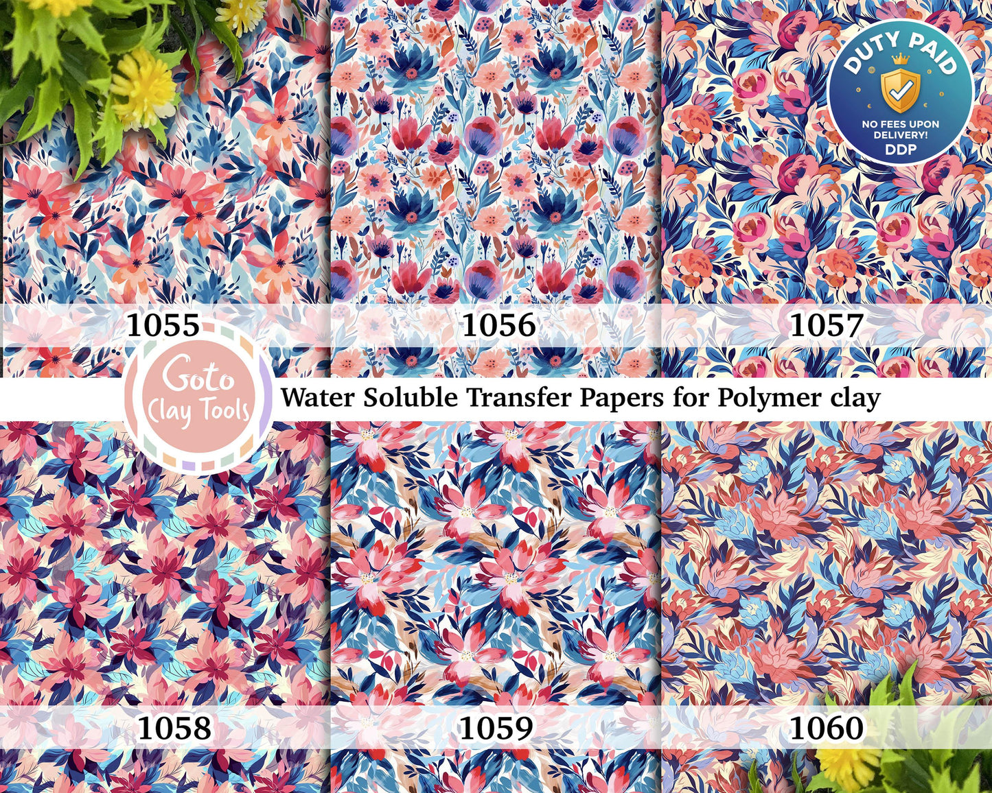 Watercolor Floral Transfer Paper for Polymer Clay (4x5.5 inches)
