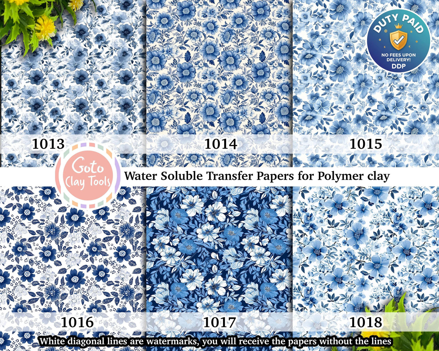 Blue Chinoiserie Floral Transfer Paper for Polymer Clay