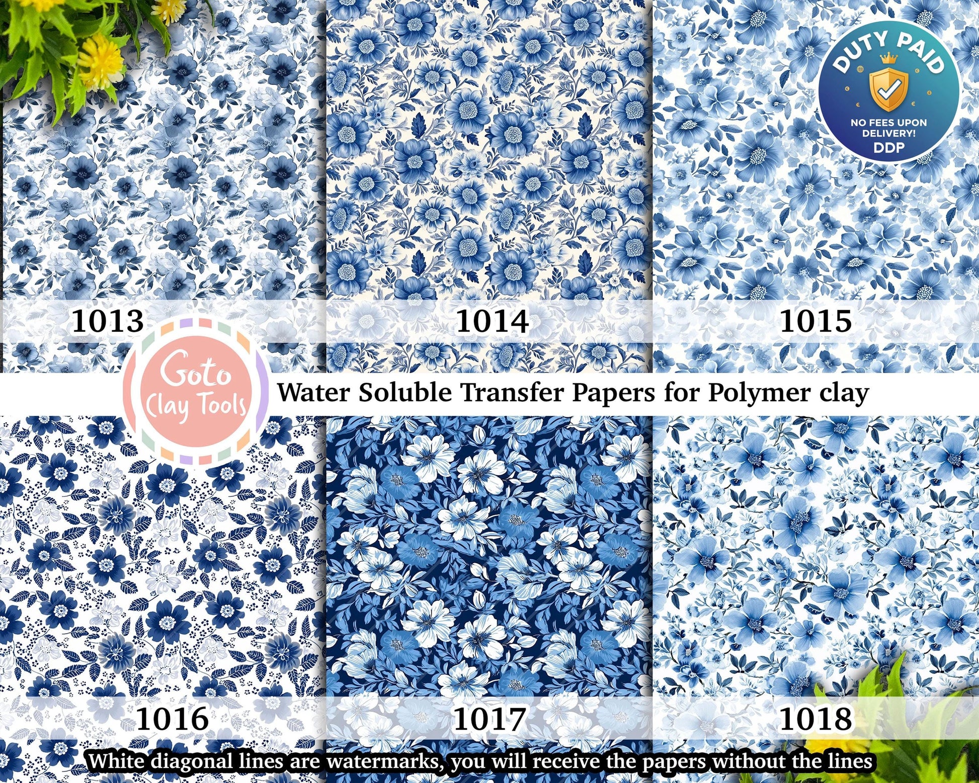 Blue Chinoiserie Floral Transfer Paper for Polymer Clay