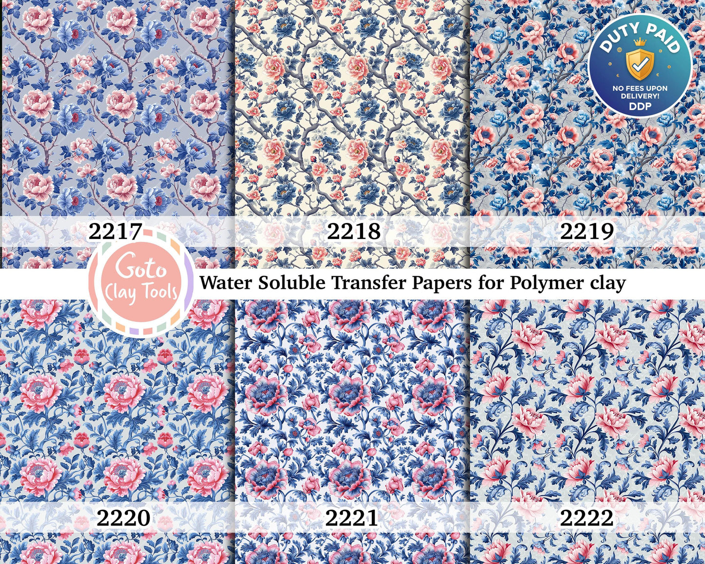 Blue & Peach Rose Transfer Paper for Polymer Clay (4x5.5 inches)