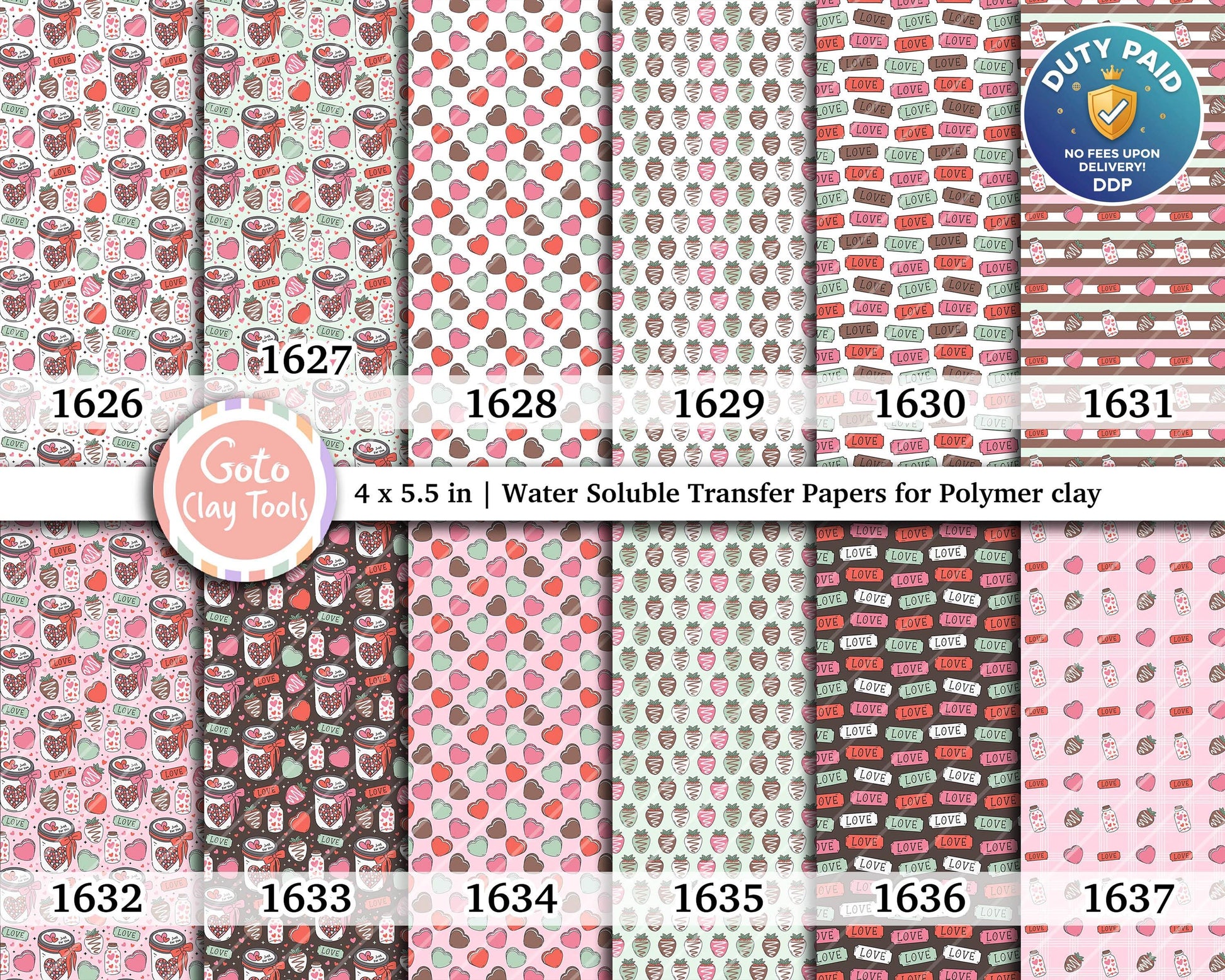 Valentine Polymer Clay Transfer Paper: Love Hearts, Strawberries (4x5.5 in)