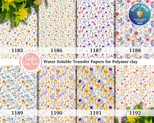 Water soluble Transfer paper for polymer clay, Colorful wildflowers watercolor patterns, polymer clay image transfers, magic transfer paper
