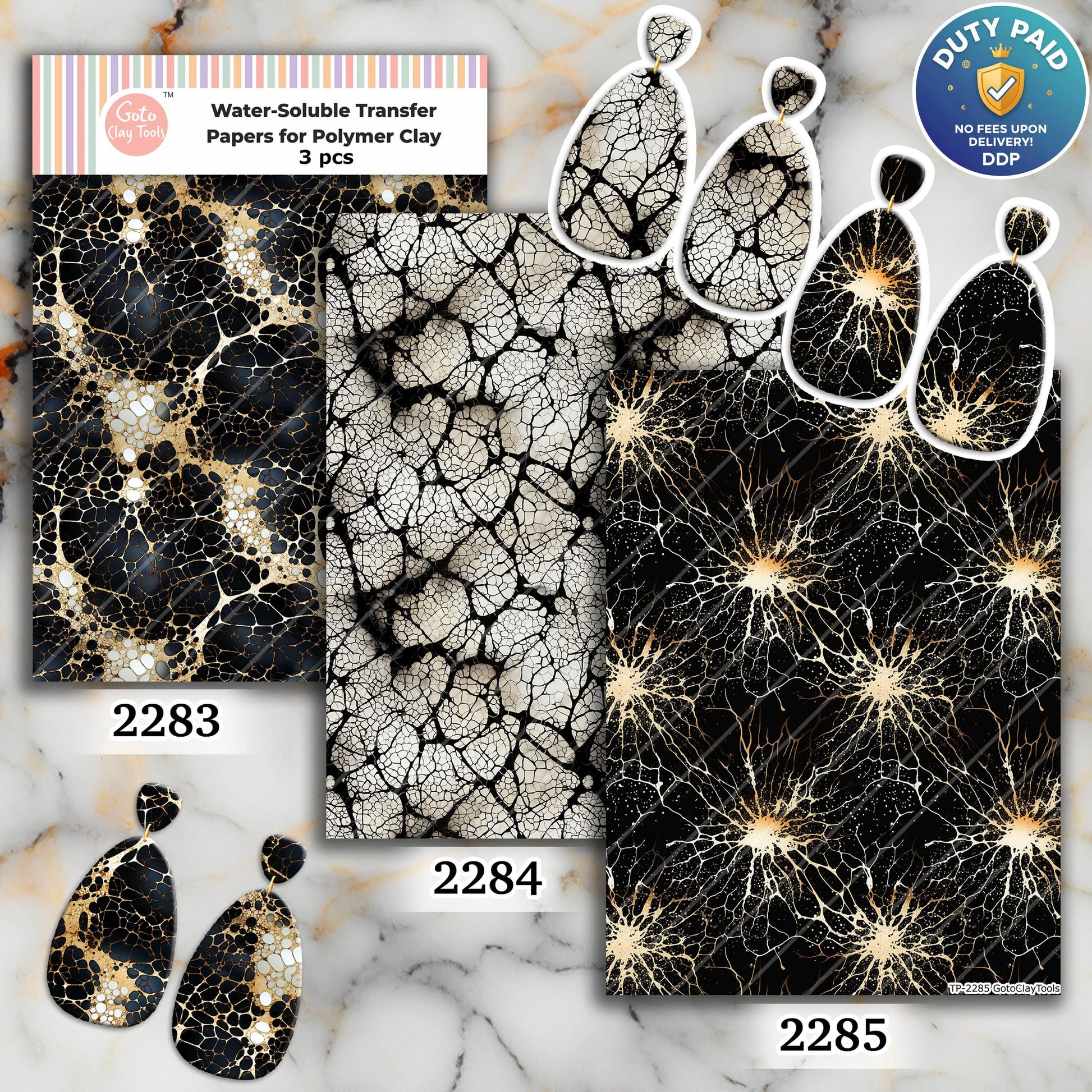 Black and Gold Marble Transfer Paper for Polymer Clay: Water Soluble 4x5.5"